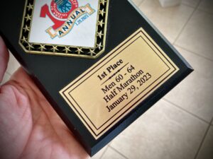 The author's half marathon age group award